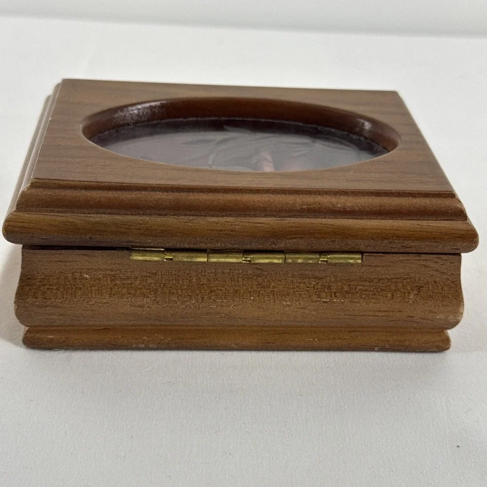 Vintage Small Wooden Jewelry Box Etched Flower Design Oval Glass Top Pink Velvet